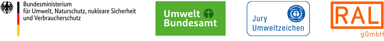 Logos für Bundesministerium für Umwelt, Naturschutz, nukleare Sicherheit und Verbraucherschutz; Umweltbundesamtes; Jury Umweltzeichen & RAL gGmbH