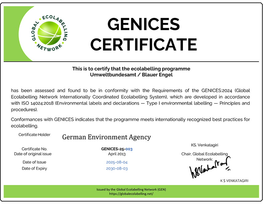 genices certifcate für den Blauen Engel