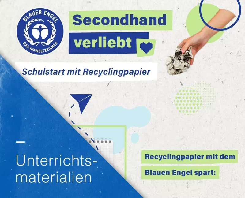Text: Schulstart mit Recyclingpapier. Recyclingpapier mit dem Blauen Engel spart. Unterrichtsmaterial.