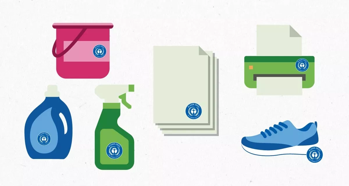 products with the Blue Angel such as cleaning products, paper, printers and shoes