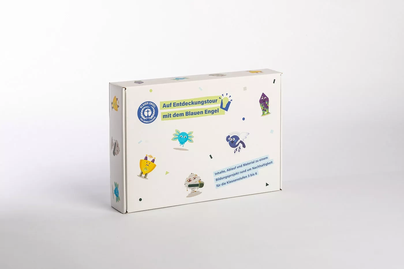 Schachtel für die Schulbox mit Slogan: Auf Entdeckunstour mit dem Blauen Engel