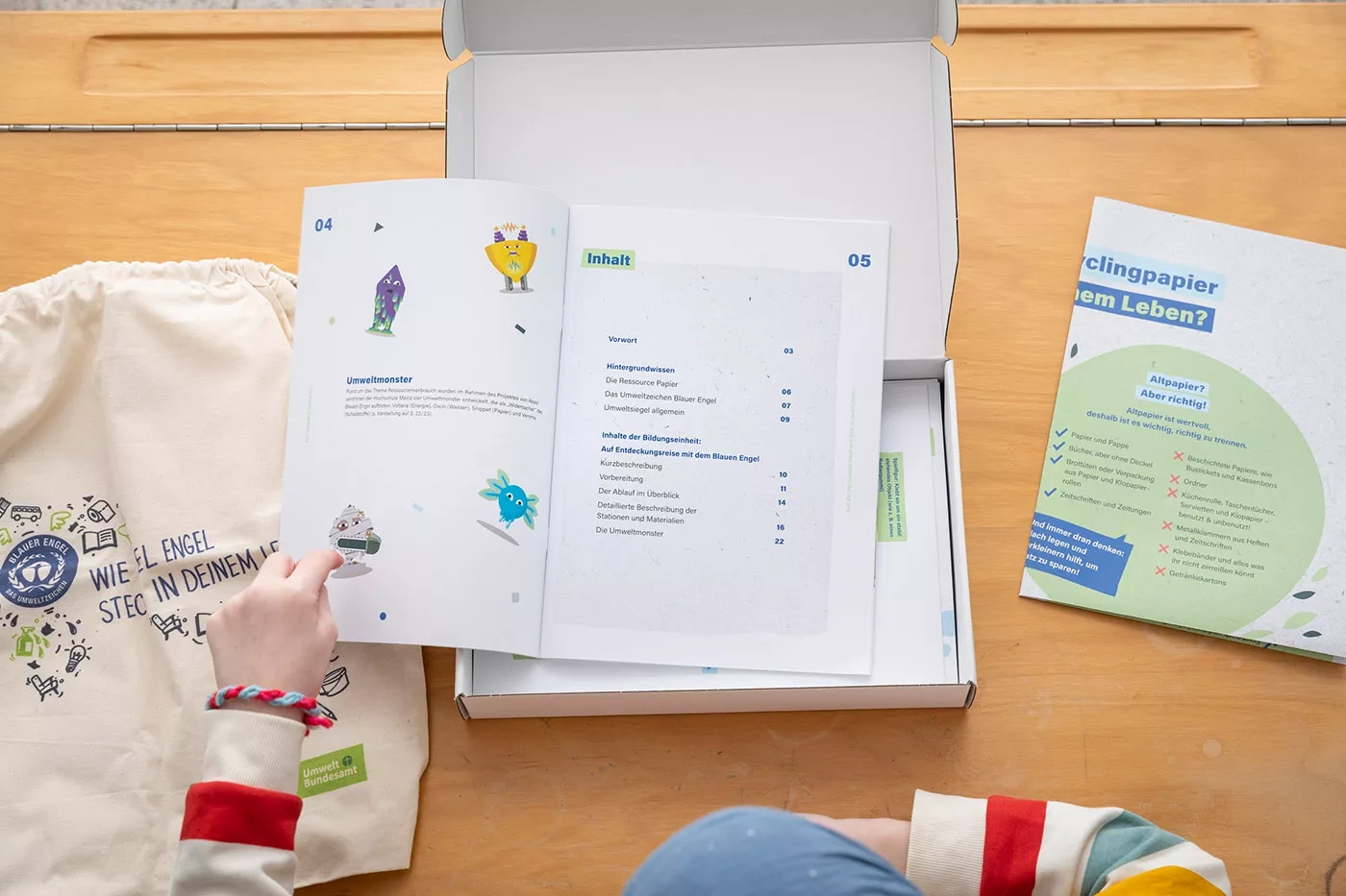 Ein Beutel vom Blauen Engel, die Schulbox geöffnet mit Inhaltverzeichnis und ein Plakat