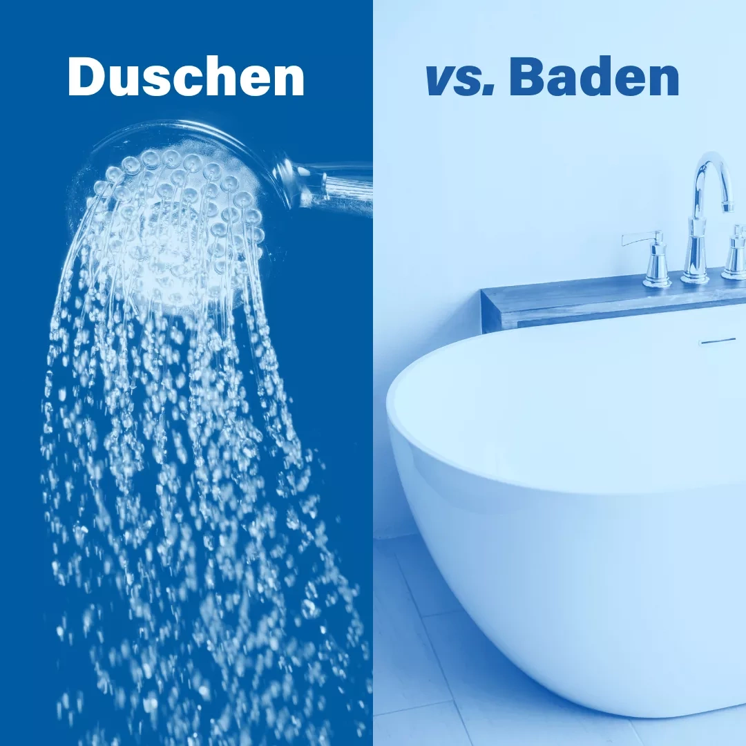 Zwei Bilder neben einander, auf dem ersten ist eine Duschkopf zu sehen, aus dem Wasser fließt, darüber steht "Duschen", auf dem Bild daneben steht "vs. Baden" und es ist eine Badewanne zu sehen