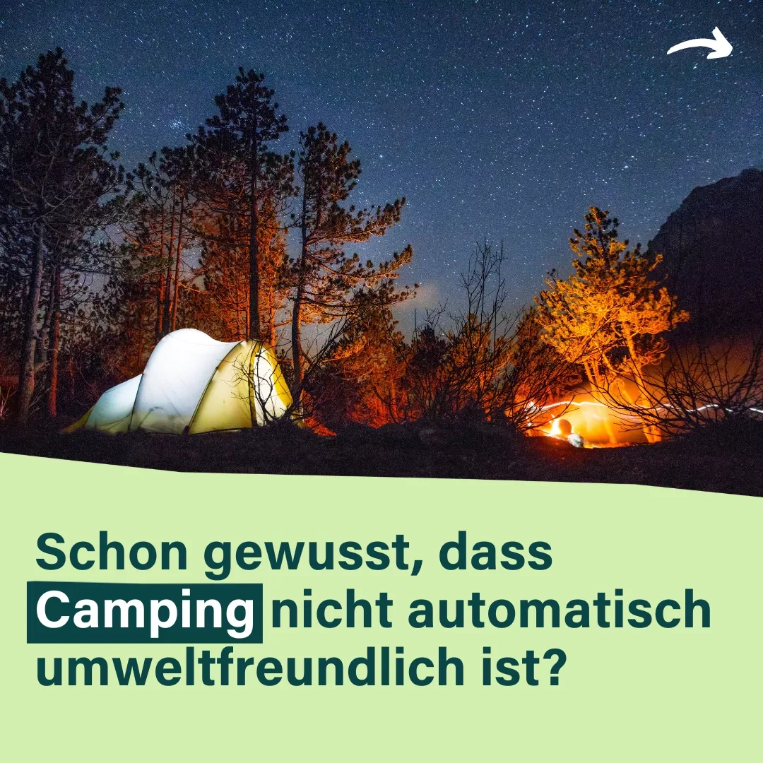 Ein hell erleuchtetes Zelt in der Nacht, das zwischen Kiefern steht. Am Himmel sind Sterne zu sehen. Darunter der Text Schon gewusst, das Camping nichgt automatisch umweltfreundlich ist?