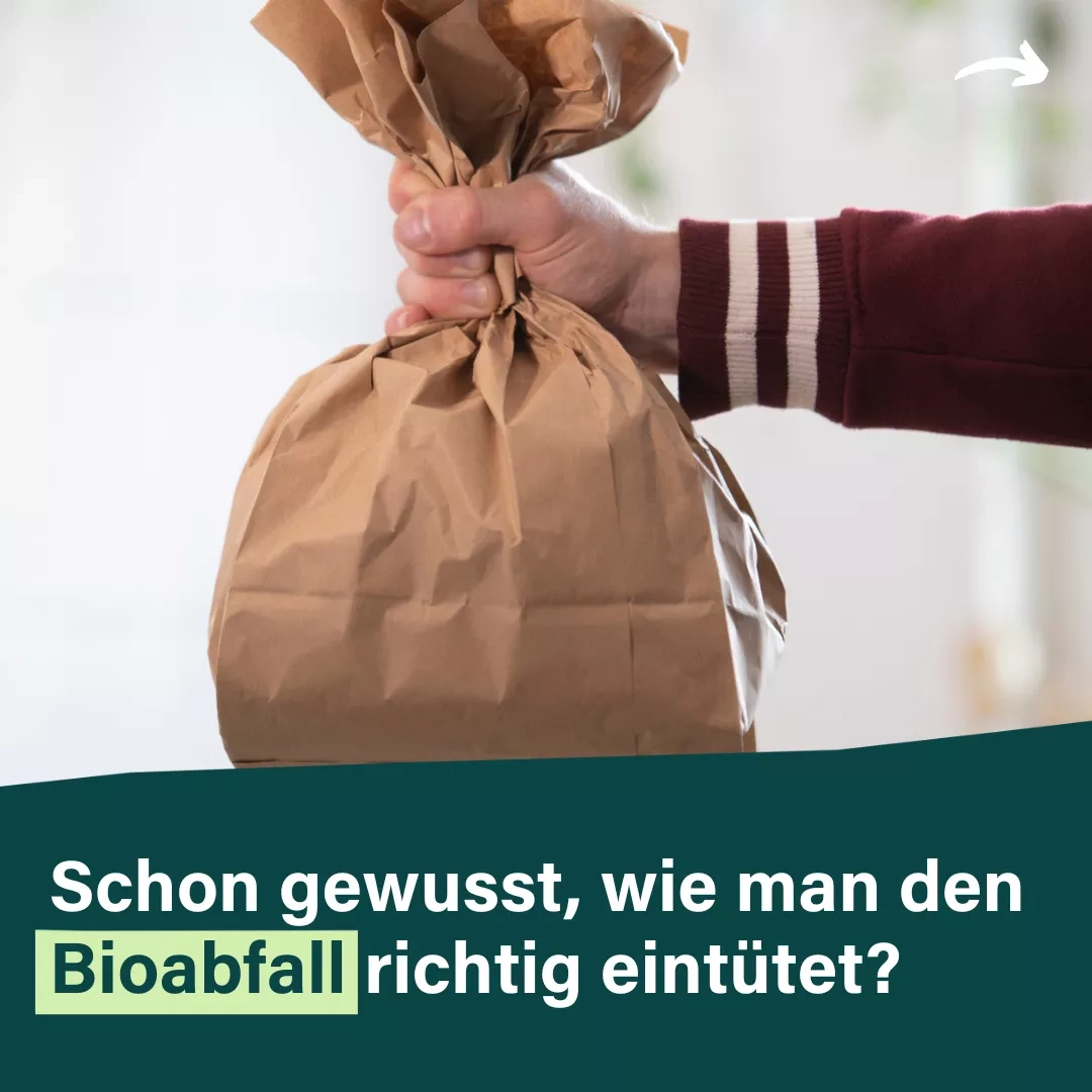 Schon gewusst, wie man den Bioabfall richtig eintütet? - Ein ausgestreckter Arm fällt einen Papierkompostbeutel fest in der Hand