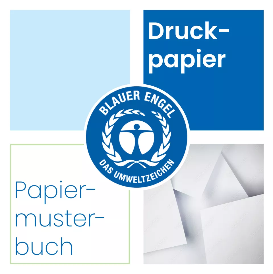 Cover mit dem Blauen Engel Logo. Text: Papiermusterbuch, Druckpapier