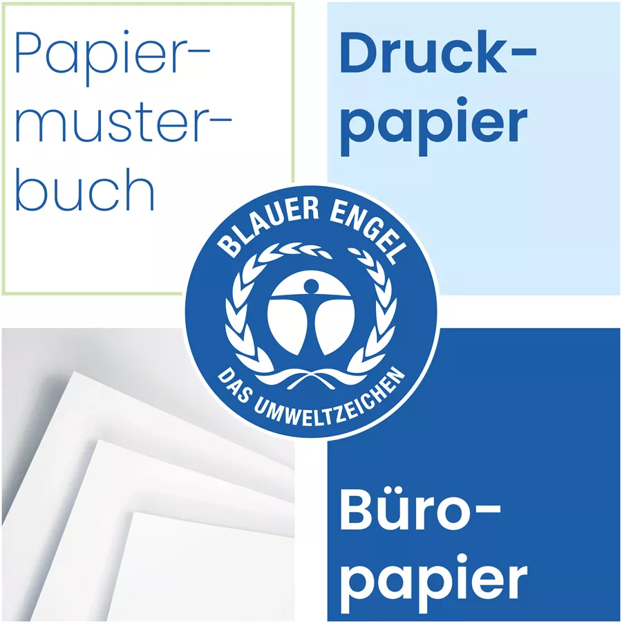 Cover mit dem Text Papiermusterbuch, Druckpapier, Büropapier mit dem Logo des Blauen Engels