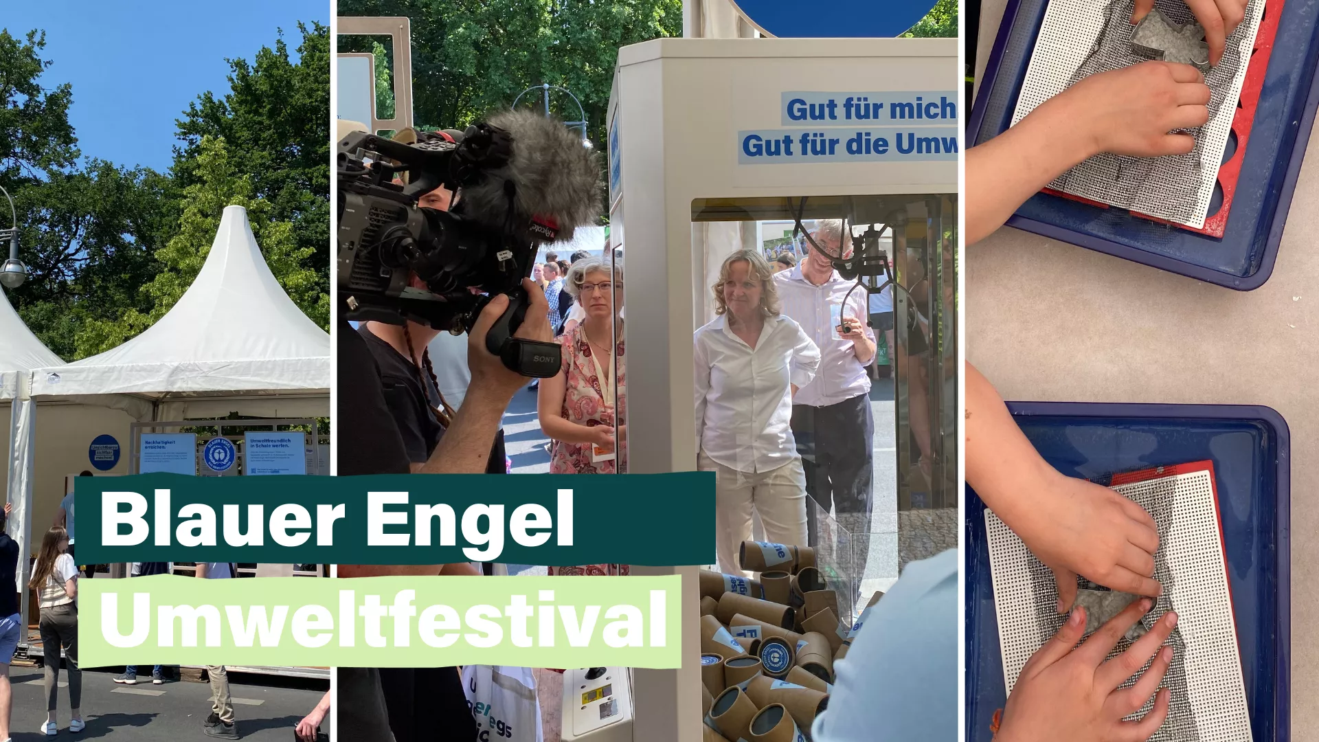 Collage mit dem Text Blauer Engel Umweltfestival und den Bildern eines Zeltes, dem Besuch von Steffi Lemke und Kinderhänden bei der Herstellung von Papier