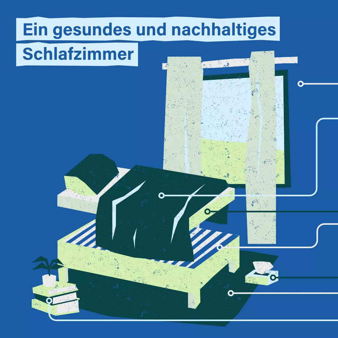 Auf dunkelblauem Hintergrund ist eine Schlafzimmereinrichtung zu sehen: Ein Fenster mit langen Vorhängen, ein Bett mit Lattenrost, Matratze und Bettwäsche, ein Stapel Bücher, ein Teppich und eine Box mit Taschentüchern. Darüber steht in dunkelblauer Schrift auf hellblauem Untergrund: Ein gesundes und nachhaltiges Schlafzimmer