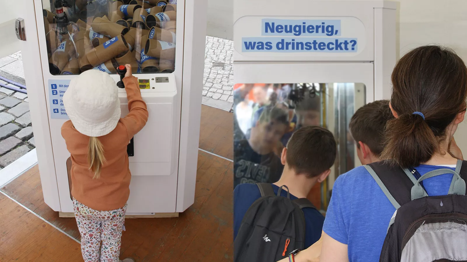 A child operates a slot machine with cardboard rolls to grab and youngsters look into a mirror with the caption Curious what's inside?