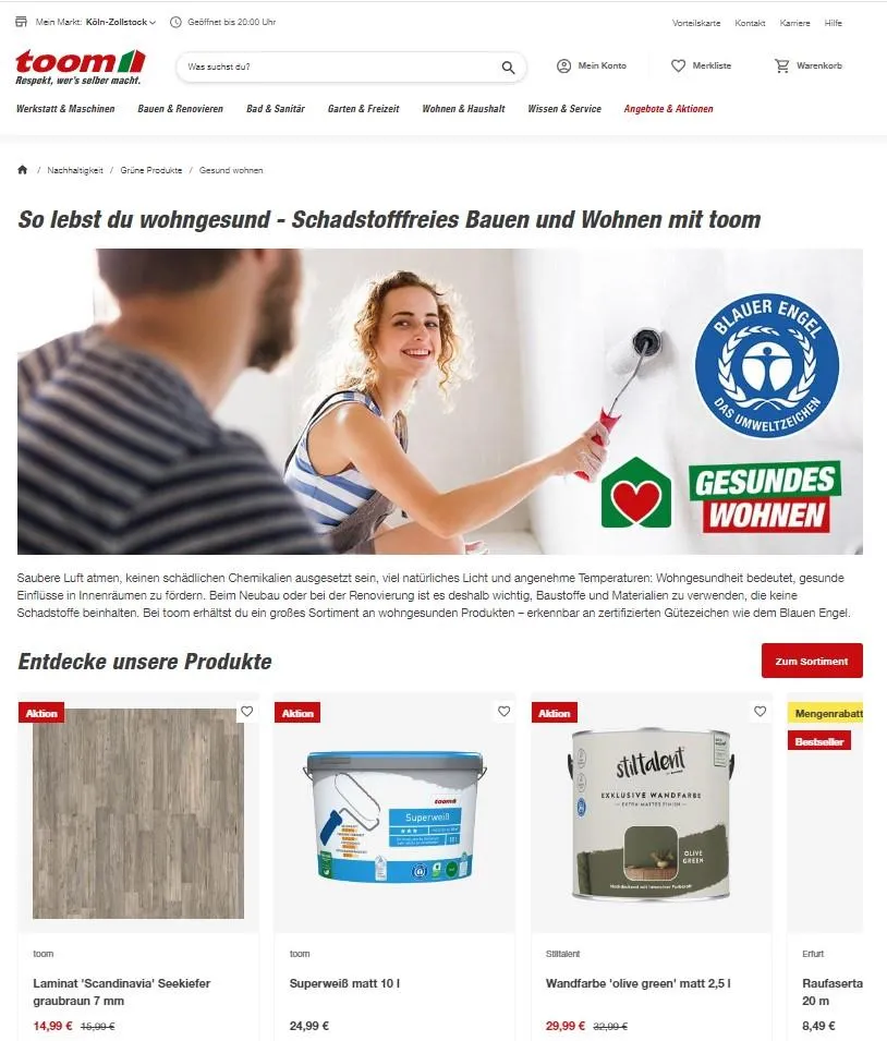 Website von toom mit zertifizierten Produkten