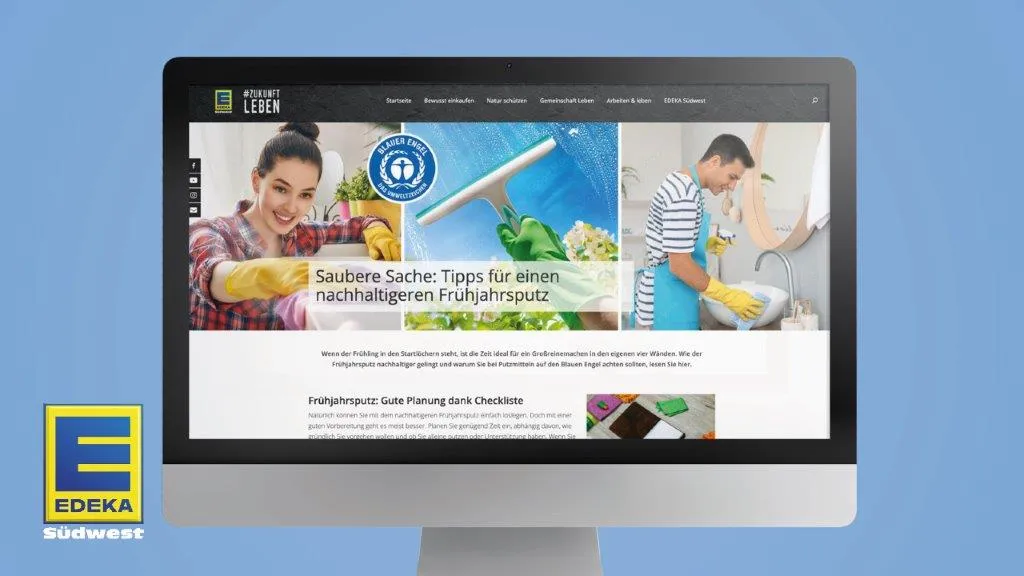 Edeka logo southwest and monitor with Edeka website for tips on more sustainable spring cleaning.