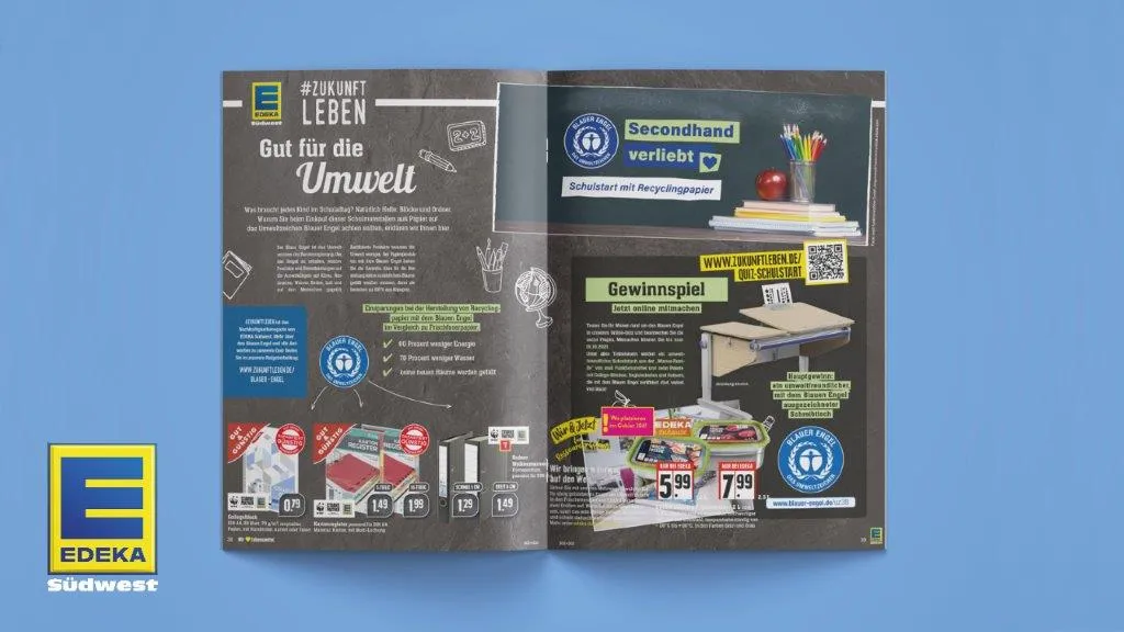Edeka Südwest logo with open brochure on back-to-school products