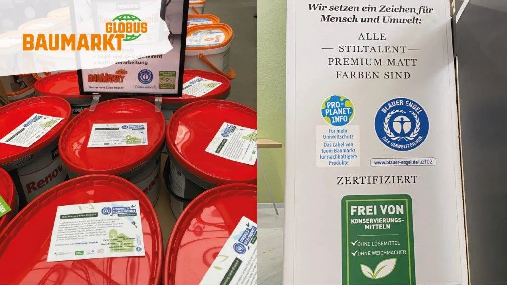 GLOBUS DIY store logo and paint buckets on the left, poster for Stiltalent Farben and Blue Angel and PRO PLANET logo on the right.