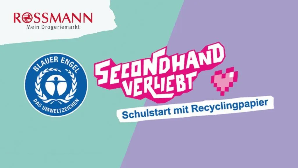 Graphic from the Rossmann company with Blue Angel logo and lettering in pink and white “Secondhand in love”