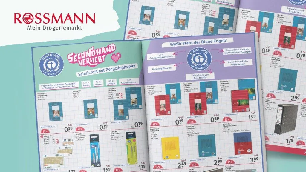 Brochures from Rossmann with Blue Angel certified school materials