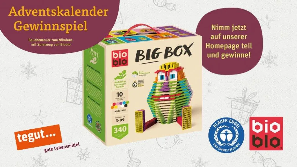 “Big Box” game box from bio blo and text invitation to take part in the Advent calendar competition