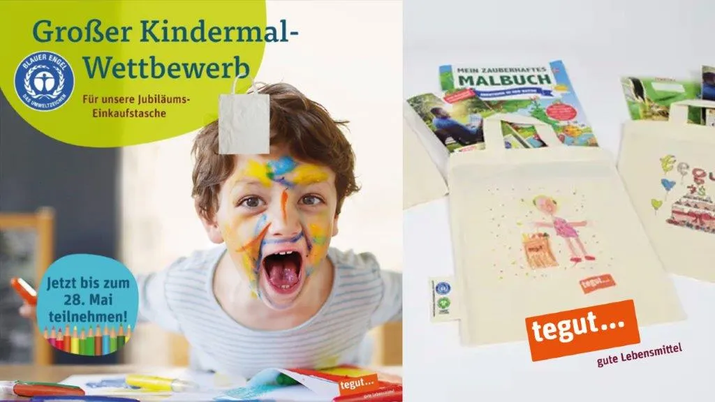 Invitation to the big children's drawing competition from tegut. On the left: A colorful and happy boy. Right: Coloring book and cloth bag with a child's drawing.