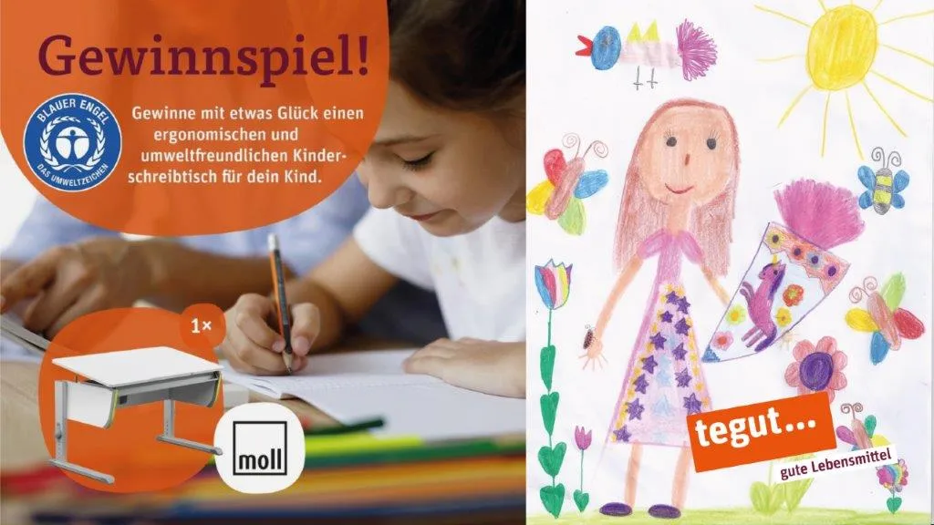 Competition for ergonomic children's desk from moll with the Blue Angel. Girl drawing on the left. On the right, children's drawing with schoolchild and school cone and the tegut logo.