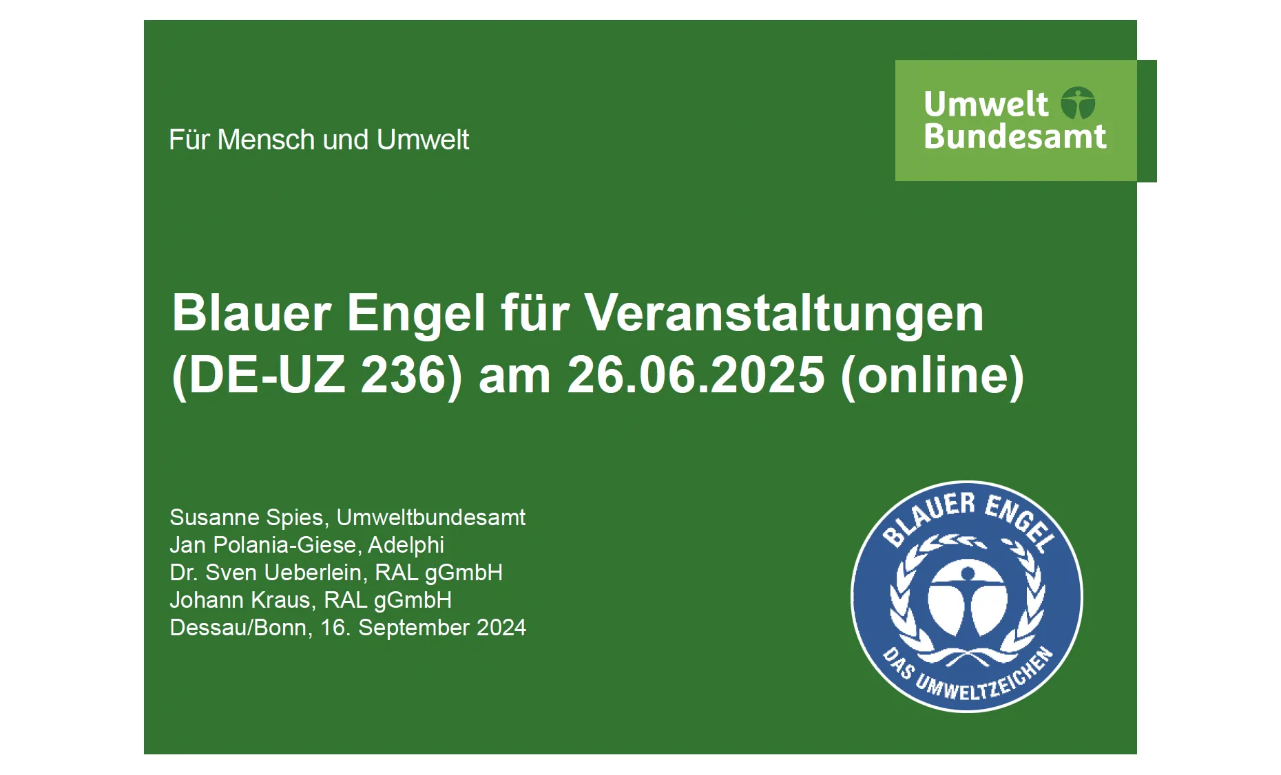 Vorschaubild der PowerPoint Präsentation in Grün mit Logo vom Umweltbundesamt und dem Blauer Engel zum Thema "Nachhaltige Veranstaltungen"