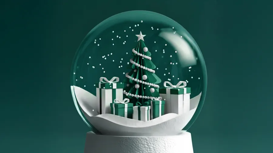 Schneekugel, gefüllt mit geschenken und einem Weihnachtsbaum.