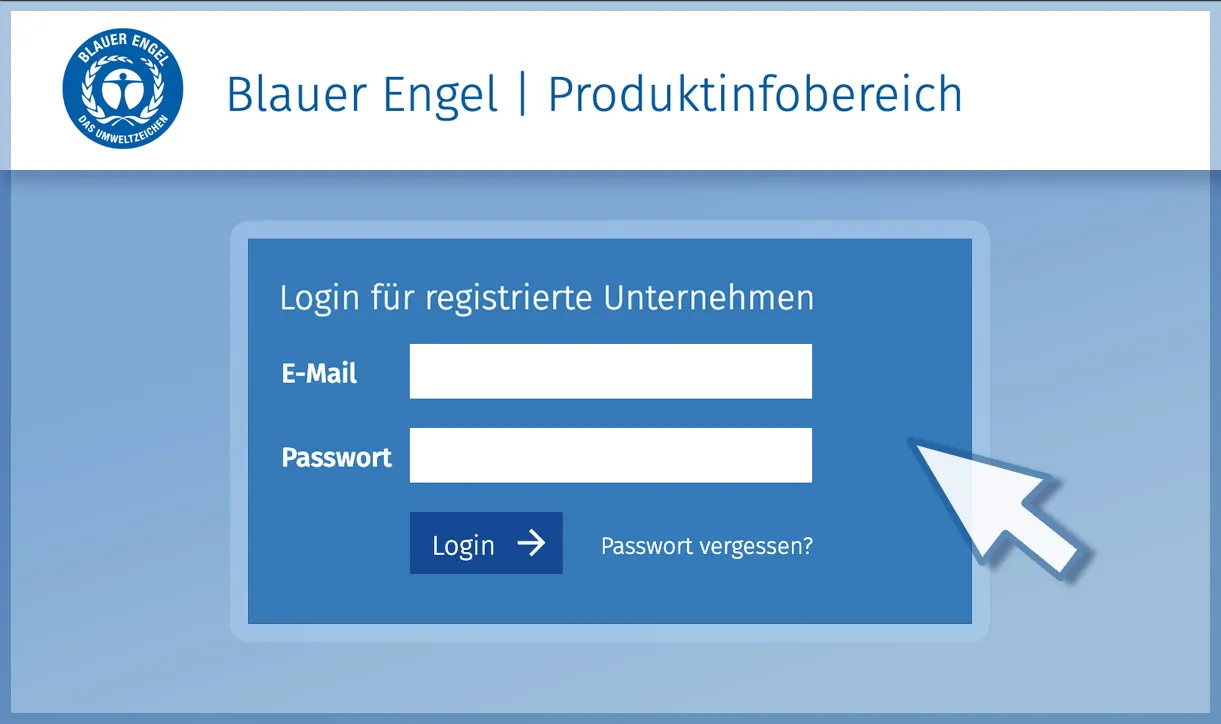 LogIn Ansicht vom Produktinfobereich Blauer Engel