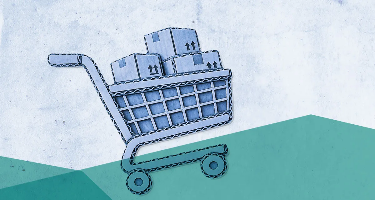 A paper-style illustration featuring a shopping trolley with parcels