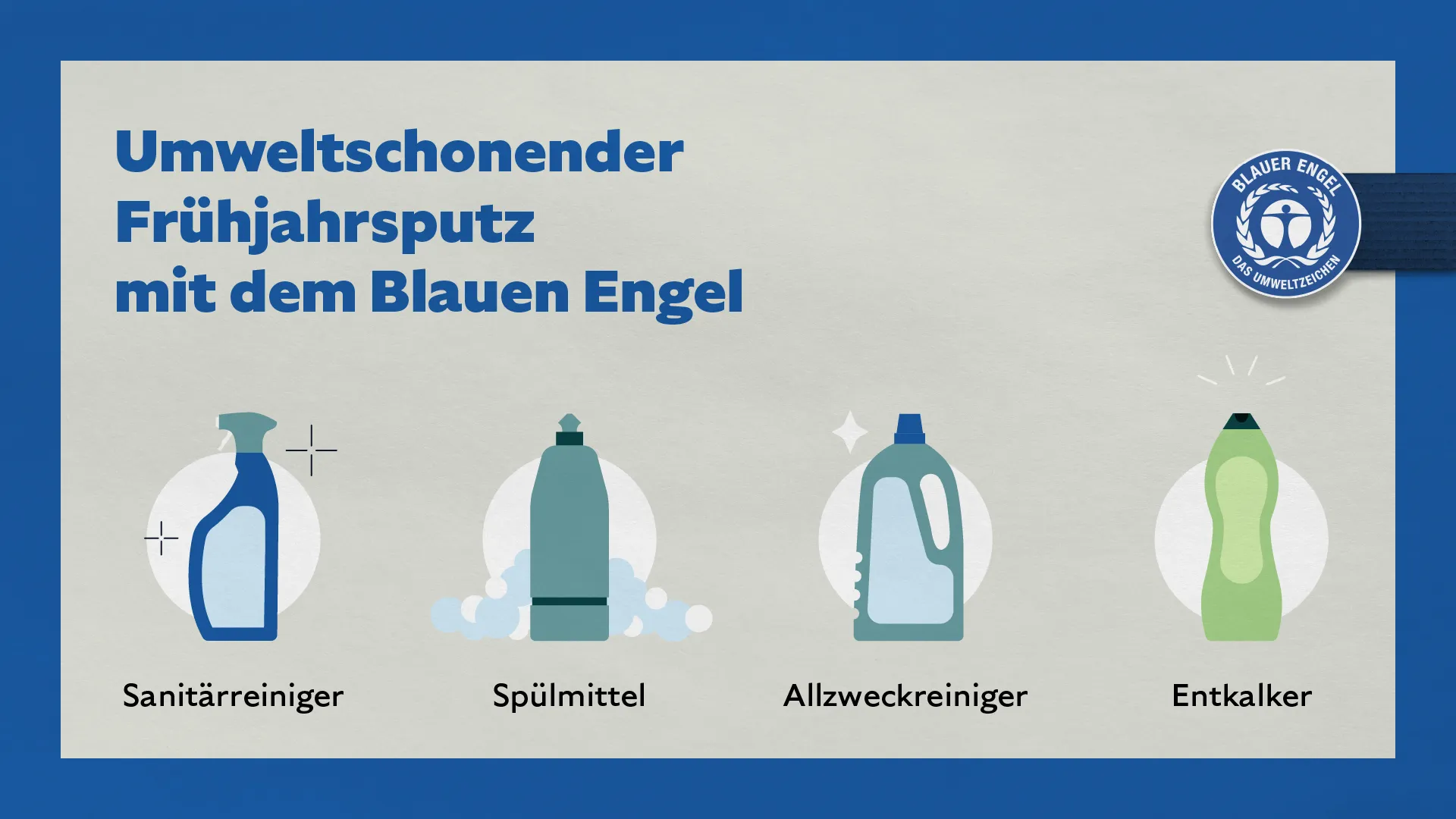 Text: Umweltschonender Frühjahrsputz mit dem Blauen Engel. Ansicht mehrerer Reinigungsmittel und dem Blauer Engel Logo