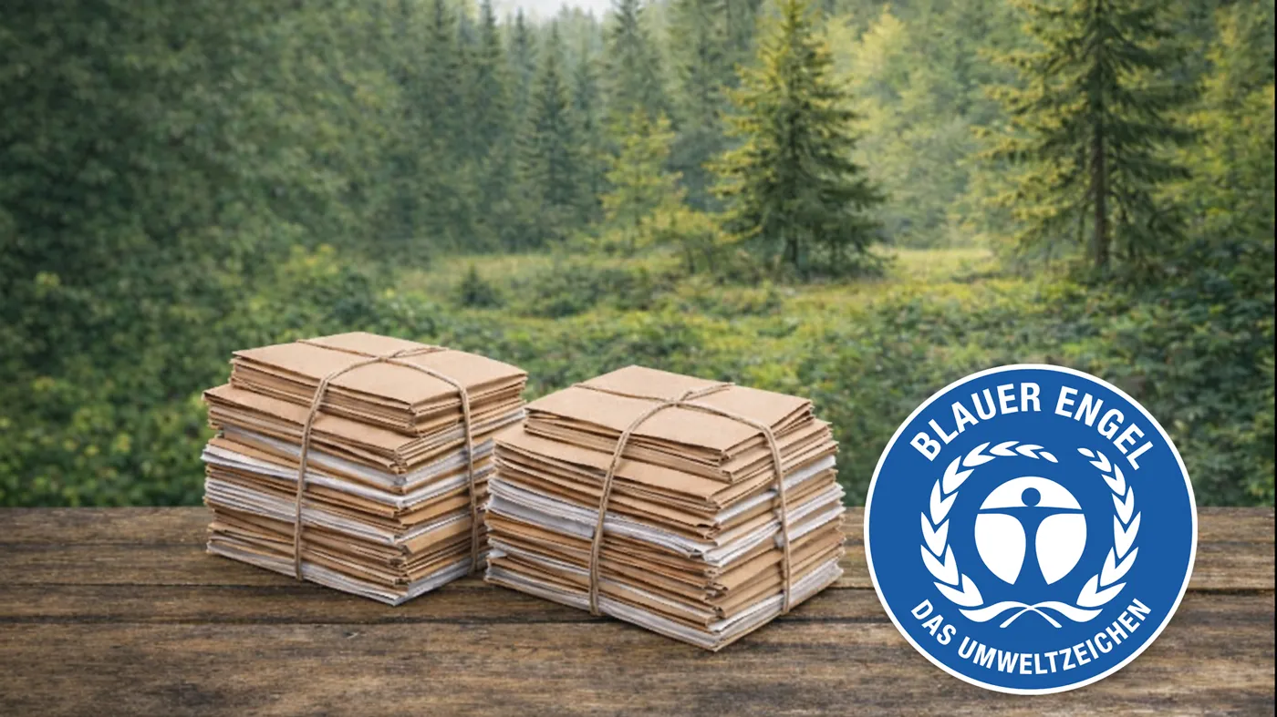 Pakete mit Altpapier und dem Blauer Engel Logo