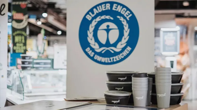 Blue Angel logo. In the foreground, various reusable containers for food and drink