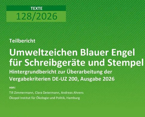 Cover für den Teilbericht Umweltzeichen Blauer Engel für Schreibgeräte und Stempel 