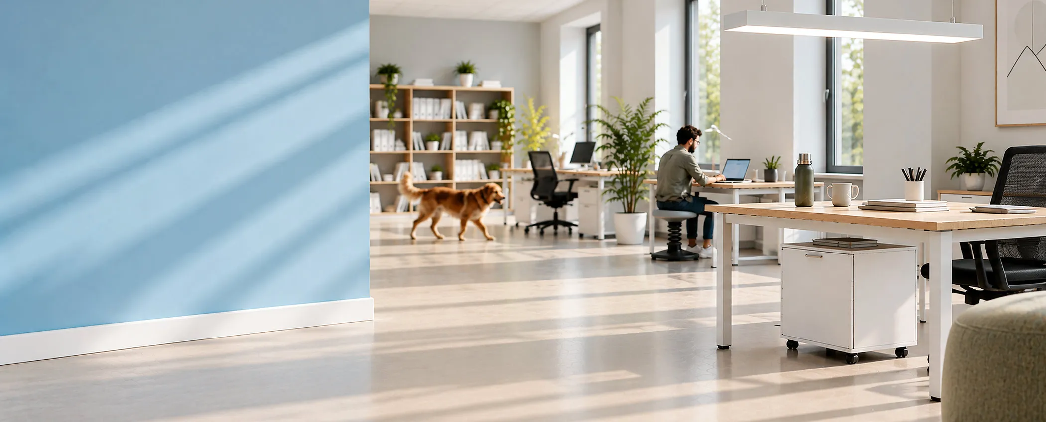 Large office space, a man at a desk in the foreground, blue wall on the left.