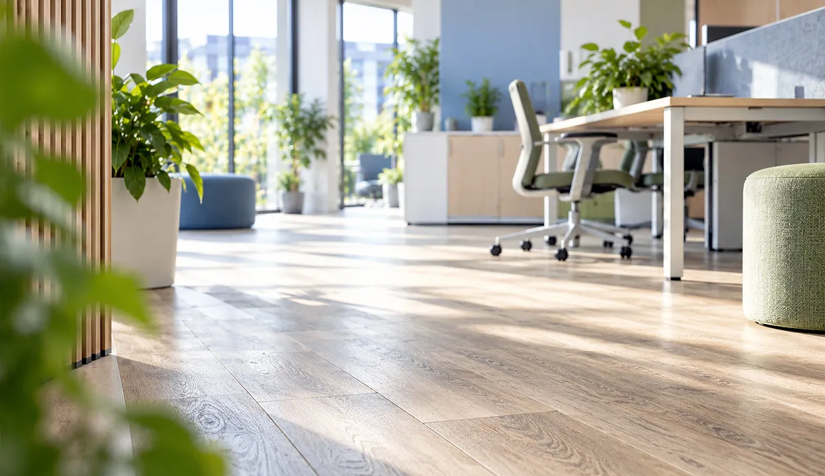 Office space with wood-effect laminate flooring, a blue wall at the back, and floor-to-ceiling windows.