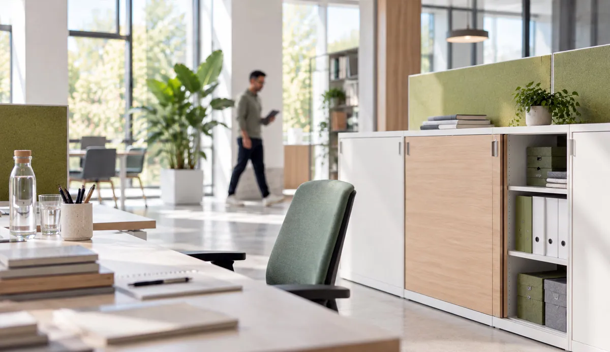 Office space with desk and chair; sideboard on the right and a wall of windows at the back.