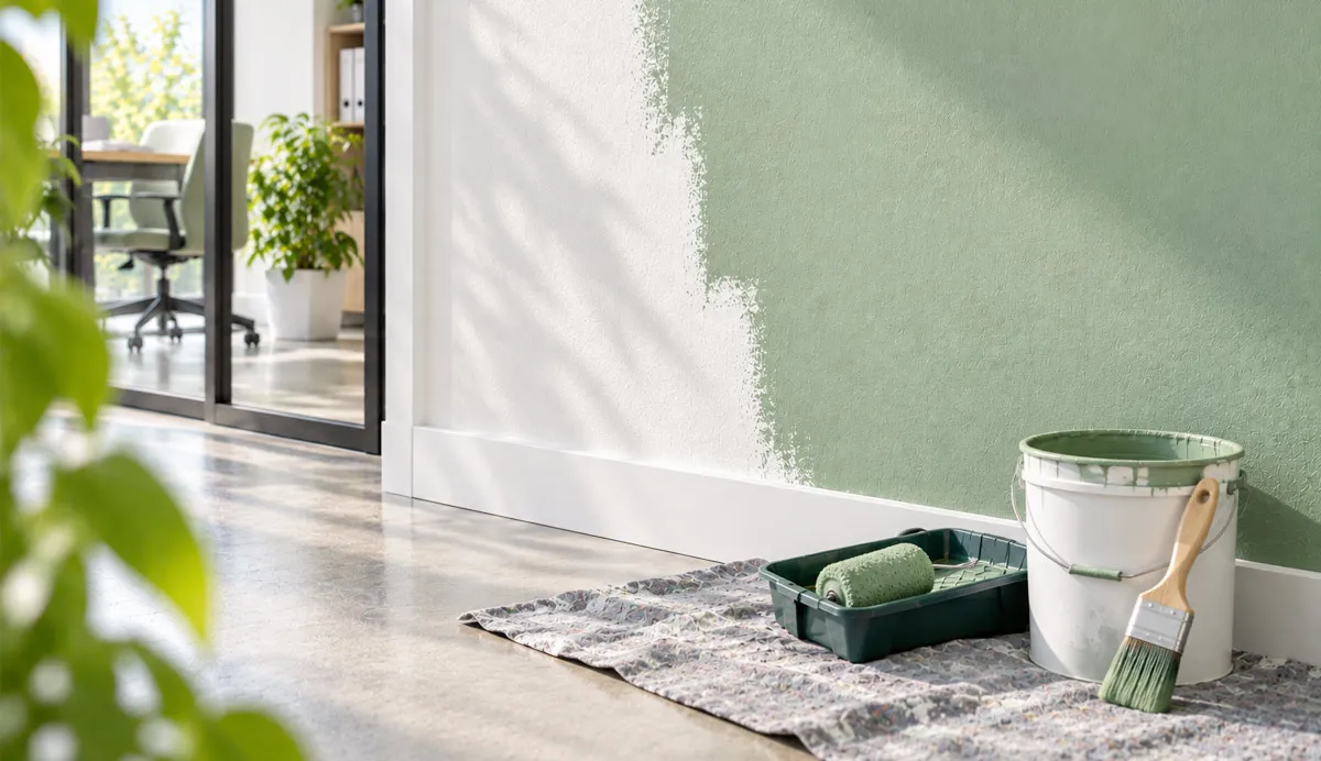 A wall is being painted a greenish color, with a paint bucket and brush in the foreground.