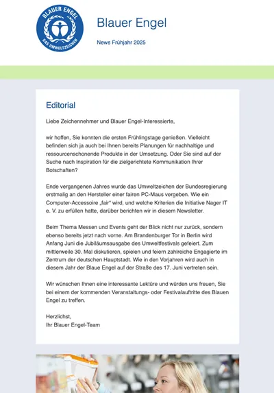 Vorschaubild für den Blauen Engel Newsletter