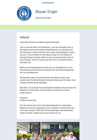 Newsletter Blauer Engel Sommerausgabe