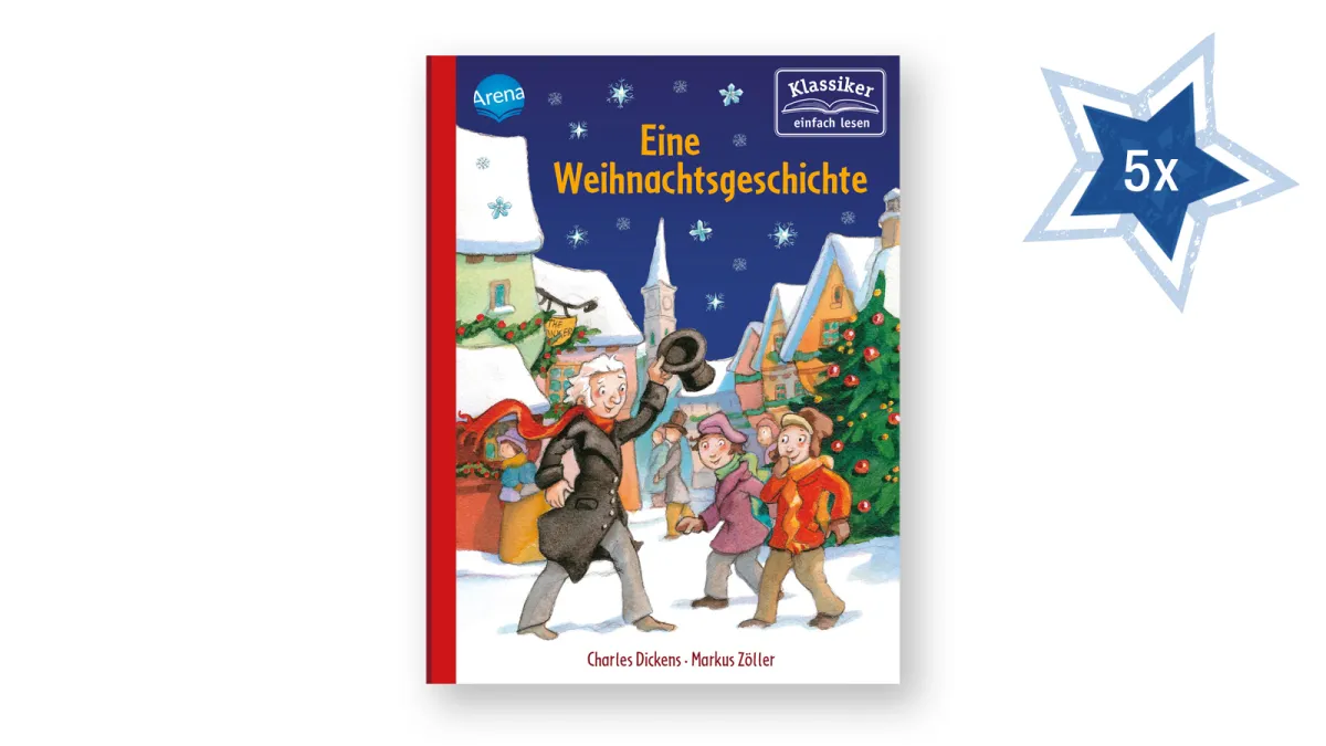 Buchcover: Eine Weihnachtsgeschiche. Mann mit Zylinder grüßt zwei Kinder in einer winterlichen Stadt
