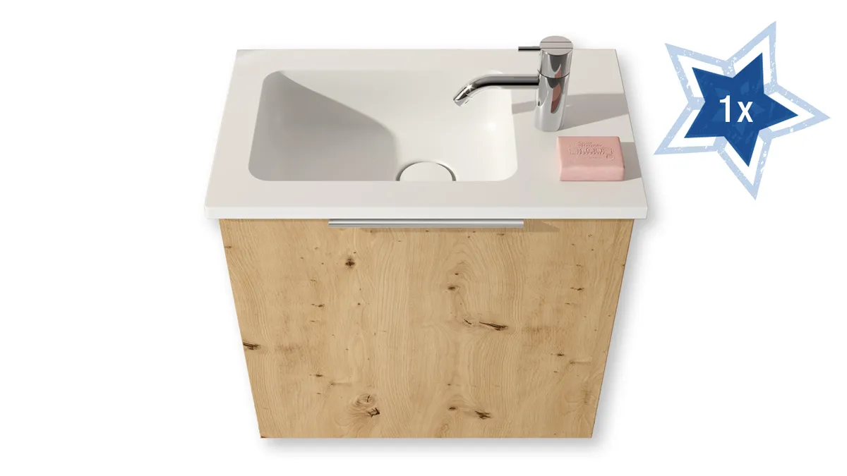 Mineralguss-Waschtisch inkl. Waschtischunterschrank mit Farbe Eiche 