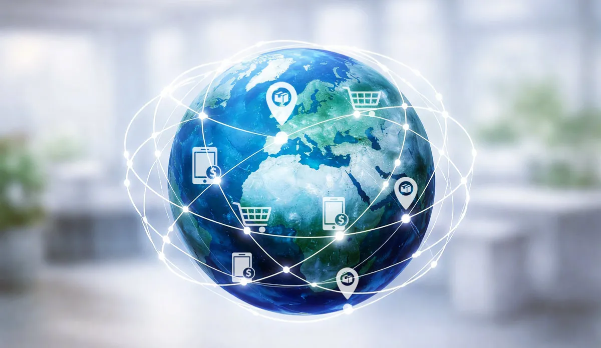 Weltkugel mit shopping-icons und netzwerk weltweit 