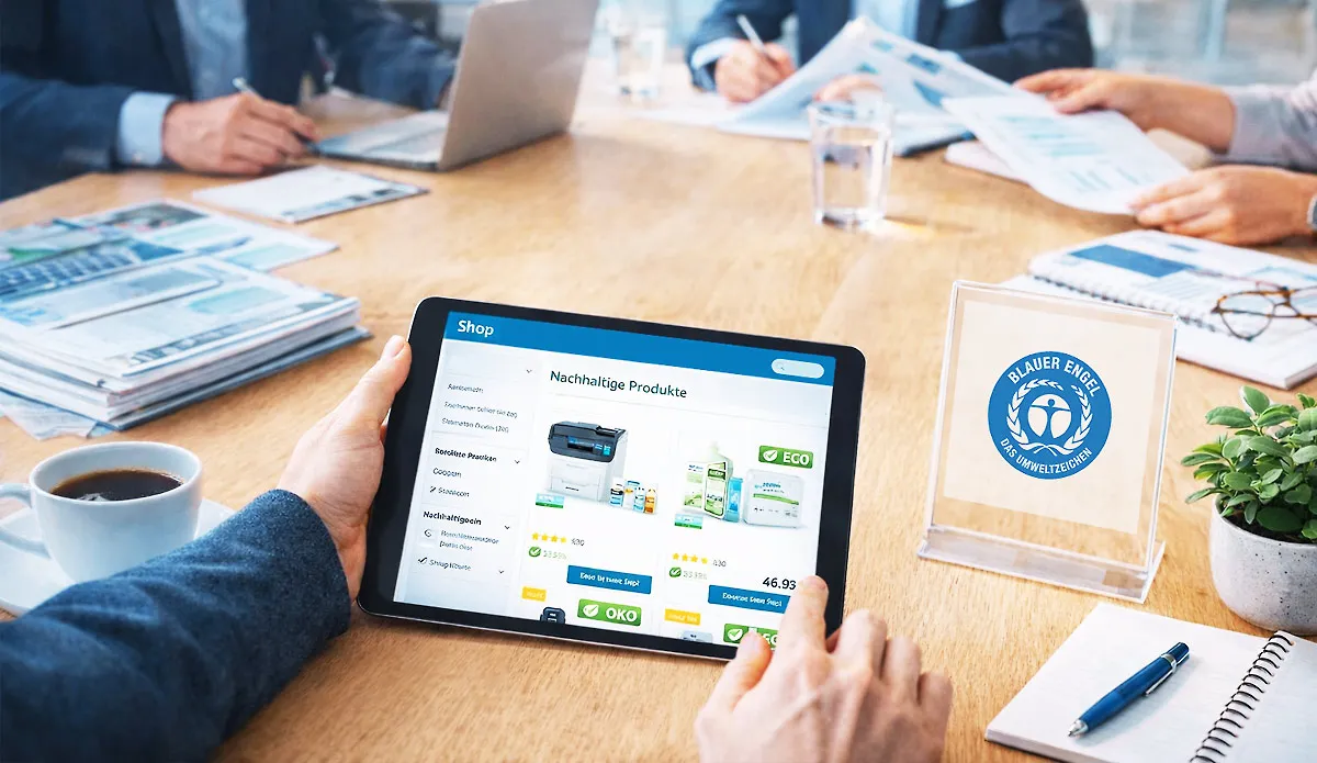 Arbeitsgruppe im Büro am Holztisch und im Vordergrund ein Tablet das einen Online-shop für Drucker zeigt