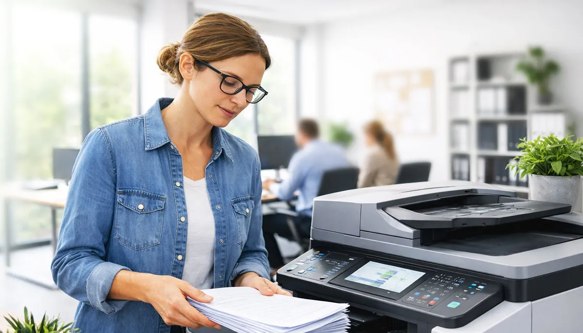Frau am Drucker im Büro